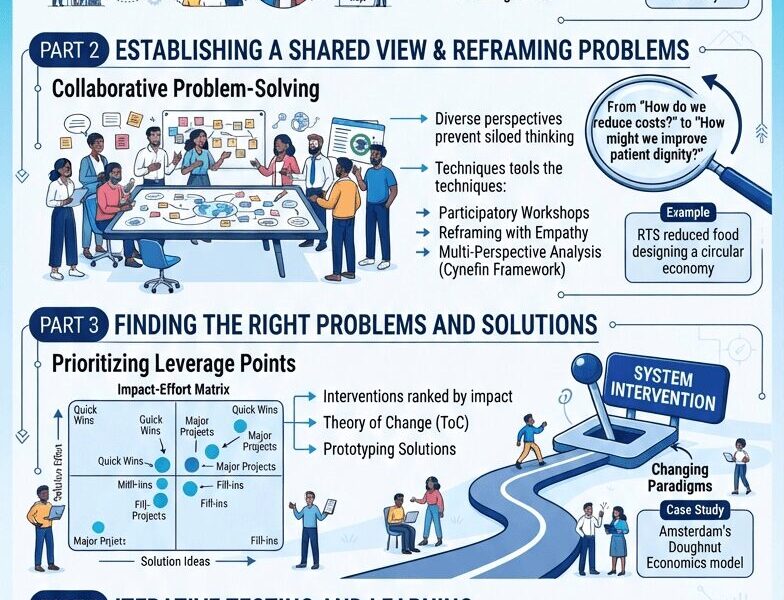 A comprehensive vertical infographic illustrating the four stages of Human-Centered Systems Thinking, using complex diagrams, charts, and illustrations to explain mapping, reframing, prioritizing interventions, and iterative testing.