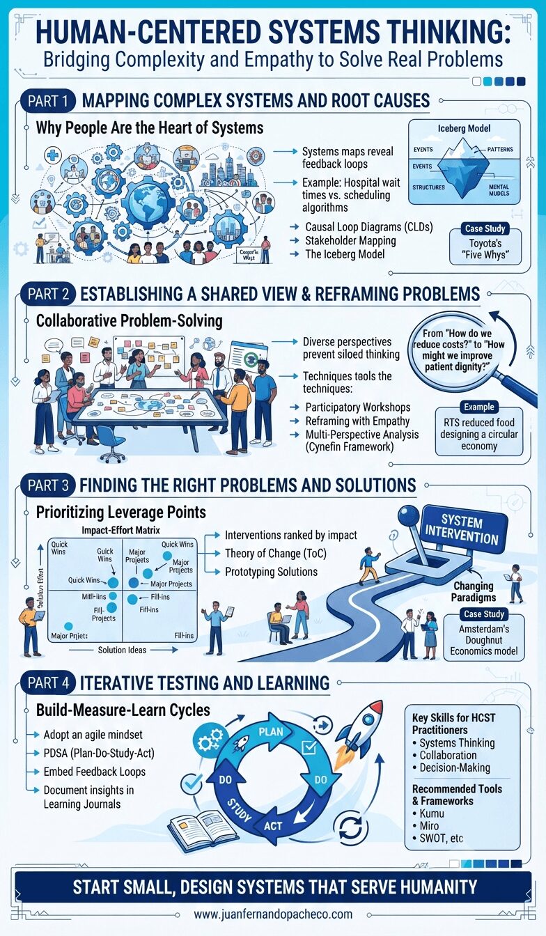 A comprehensive vertical infographic illustrating the four stages of Human-Centered Systems Thinking, using complex diagrams, charts, and illustrations to explain mapping, reframing, prioritizing interventions, and iterative testing.