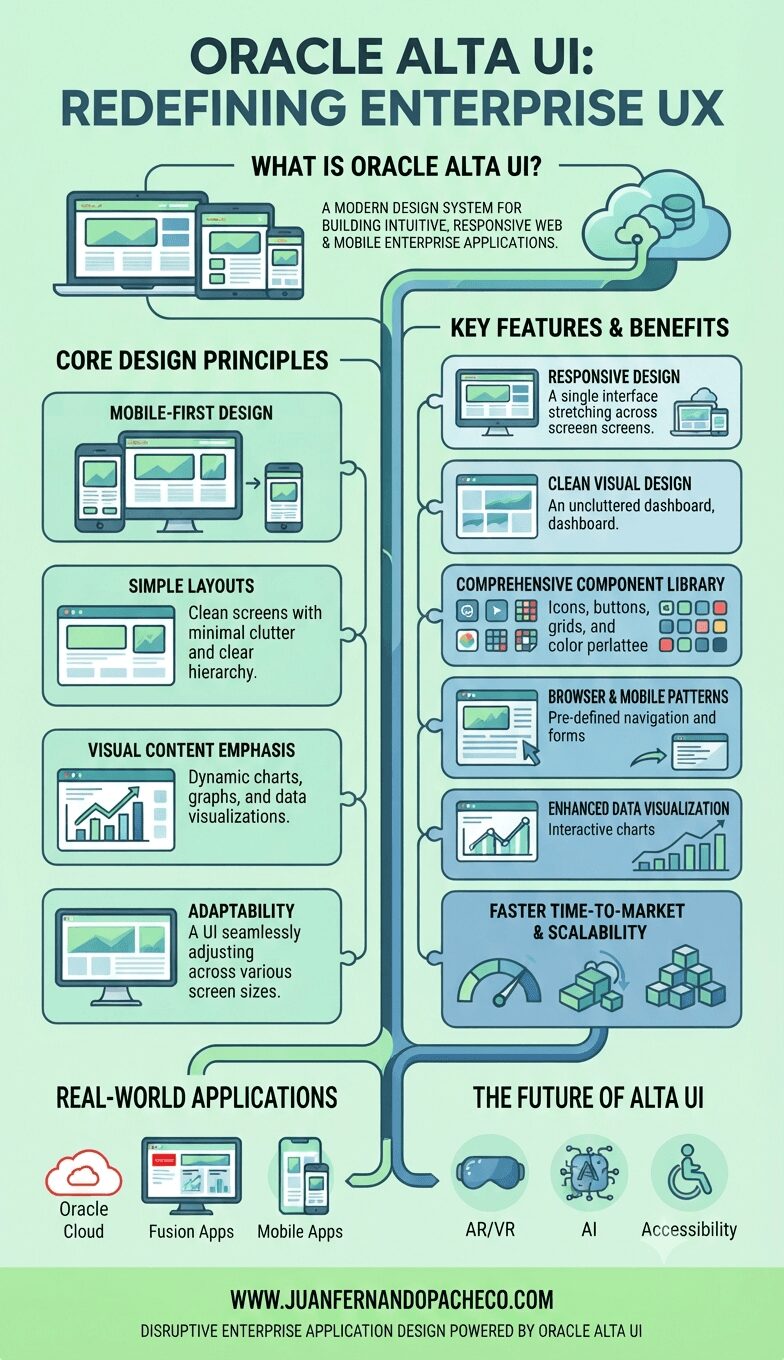 A comprehensive infographic titled "ORACLE ALTA UI: REDEFINING ENTERPRISE UX," set against a light mint green background, visually represents the design system. The central vertical flow connects sections detailing: "WHAT IS ORACLE ALTA UI?" with illustrations of desktop, tablet, and mobile screens; "CORE DESIGN PRINCIPLES" covering Mobile-First, Simple Layouts, Visual Content Emphasis, and Adaptability; and "KEY FEATURES & BENEFITS" including Responsive Design, Clean Visual Design, Component Library, Browser & Mobile Patterns, Enhanced Data Visualization, and Scalability. The infographic concludes with examples of "REAL-WORLD APPLICATIONS" (Oracle Cloud, Fusion Apps, Mobile Apps) and glimpses into "THE FUTURE OF ALTA UI" (AR/VR, AI, Accessibility). It features the URL WWW.JUANFERNANDOPACHECO.COM and the tagline "DISRUPTIVE ENTERPRISE APPLICATION DESIGN POWERED BY ORACLE ALTA UI."