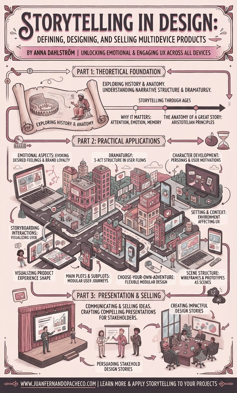 A detailed infographic titled "Storytelling in Design," summarizing Anna Dahlström's book. It is divided into three parts: "Theoretical Foundation" (history, Aristotelian principles), "Practical Applications" (using a 3D city map of devices to show UX, dramaturgy, and storyboarding), and "Presentation & Selling" (communicating ideas to stakeholders). The illustration uses a vintage, hand-drawn style with a dusty rose and grey color palette.