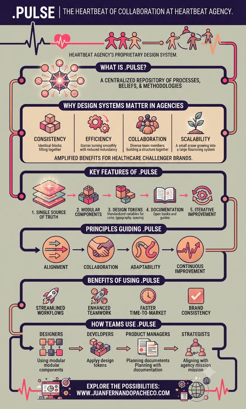A vertical infographic titled ".PULSE | THE HEARTBEAT OF COLLABORATION AT HEARTBEAT AGENCY," using a color palette of purple, pink, peach, and terracotta on a light sage background. The infographic illustrates the design system's features, principles, and benefits across distinct sections, from a central "source of truth" to team workflows and real-world applications for healthcare brands.