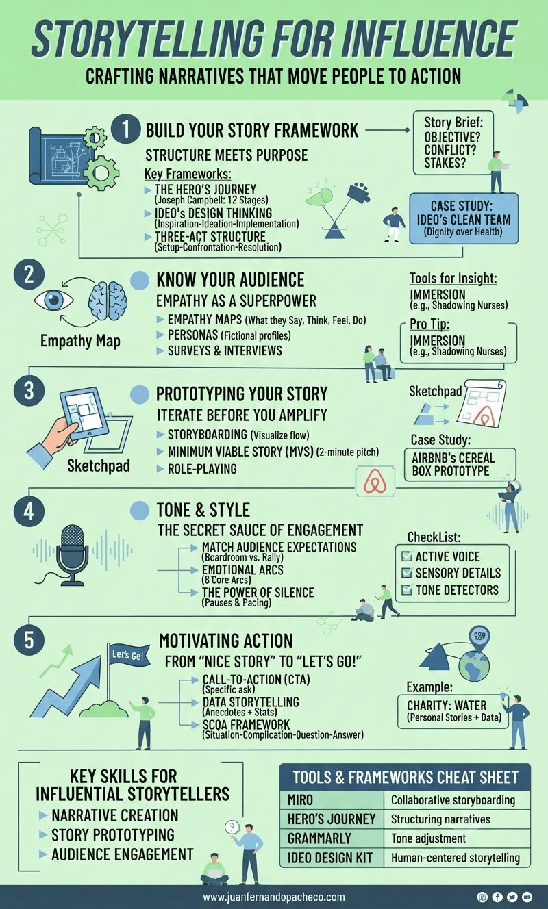 A tall, vertical infographic with a modern, disruptive design in shades of teal, blue, and light green against a soft green background. It illustrates five steps for impactful storytelling: 1. Build a Framework (Hero’s Journey, Three-Act), 2. Know Your Audience (Empathy Maps), 3. Prototype Your Story (Minimum Viable Story), 4. Refine Tone & Style, and 5. Motivate Action (Clear CTA). The graphic includes icons, charts, illustrative examples (like IDEO and Airbnb), and the website www.juanfernandopacheco.com at the bottom.