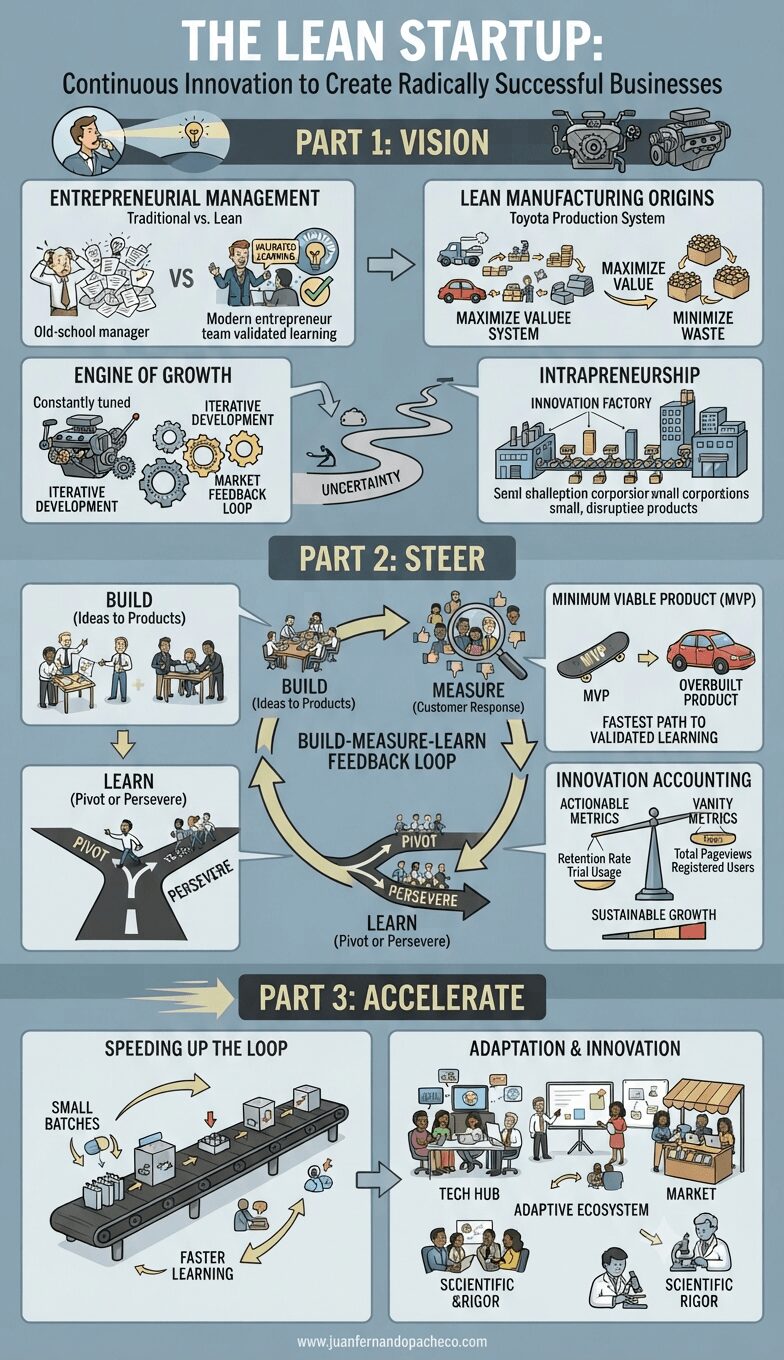 A comprehensive infographic illustrating Eric Ries's "The Lean Startup" methodology, divided into three sections: Vision, Steer, and Accelerate. The graphic features illustrations of business concepts like the Build-Measure-Learn loop, MVPs, pivoting, and intrapreneurship, using a color palette of blues, beiges, and warm oranges on a muted background.