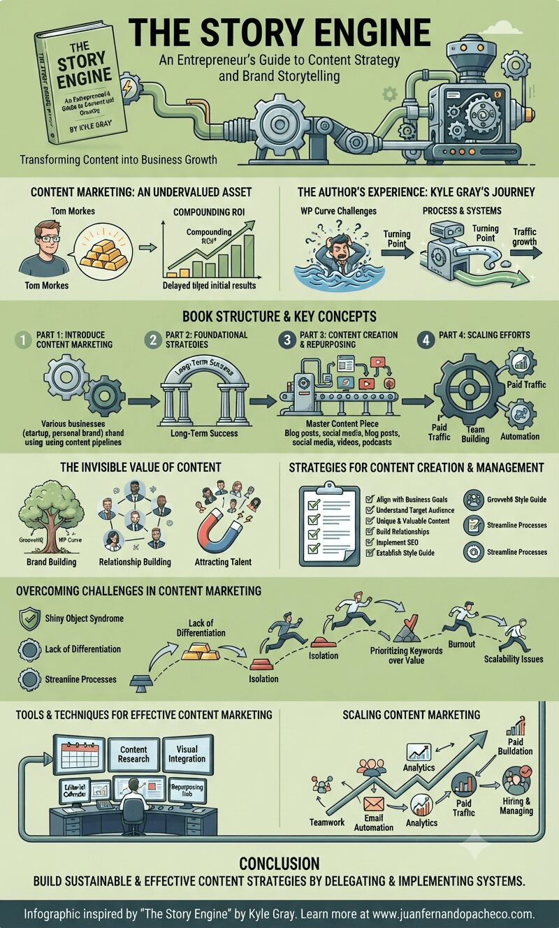 A comprehensive infographic illustrating the concepts of "The Story Engine" by Kyle Gray. It uses a visual metaphor of a machine and gears to show the journey from content challenges to a scalable marketing system, covering strategy, creation, invisible value, and overcoming common pitfalls.