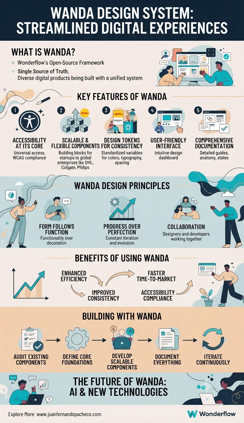 Infographic titled "Wanda Design System: Streamlined Digital Experiences," detailing its definition, key features (accessibility, scalability, tokens, user interface, documentation), guiding principles, benefits, step-by-step building process, and future outlook. It features illustrations of designers and developers collaborating and using digital tools across various sections.