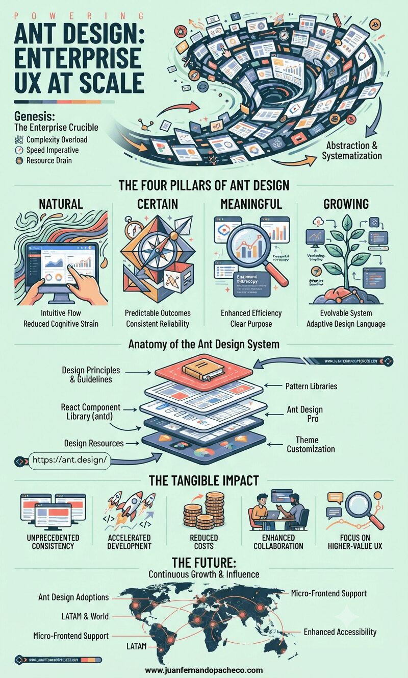 An infographic illustrating the Ant Design system, detailing its origins in the "enterprise crucible" of complexity, its four core values (Natural, Certain, Meaningful, Growing), the anatomy of its toolkit (React library, Ant Design Pro, design resources), tangible impacts like accelerated development and consistency, and its global future. The infographic includes references to www.juanfernandopacheco.com.