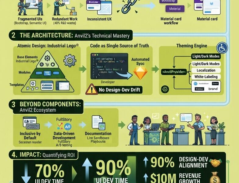 An infographic titled "Anvil2: ServiceTitan's Design Revolution" detailing the creation and impact of a unified design system. The graphic shows the transition from fragmented tools and redundant work to an atomic design architecture, a code-based single source of truth, and a robust theming engine. It highlights a 70% decrease in UI development time, 90% design-dev alignment, and $10M in revenue growth. The footer includes the URL www.juanfernandopacheco.com.
