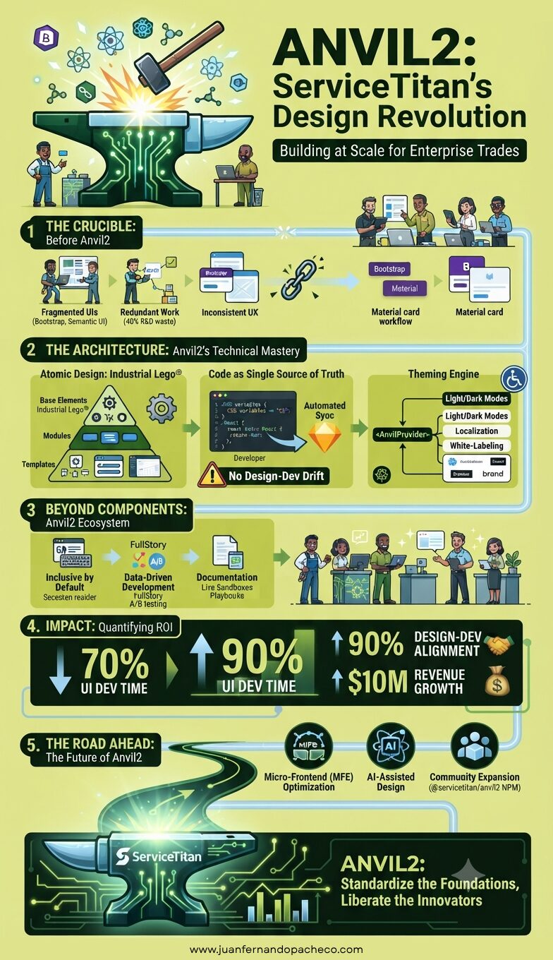 An infographic titled "Anvil2: ServiceTitan's Design Revolution" detailing the creation and impact of a unified design system. The graphic shows the transition from fragmented tools and redundant work to an atomic design architecture, a code-based single source of truth, and a robust theming engine. It highlights a 70% decrease in UI development time, 90% design-dev alignment, and $10M in revenue growth. The footer includes the URL www.juanfernandopacheco.com.