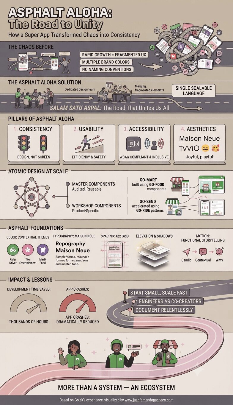 An infographic illustrating the transformation of Gojek's design system, "Asphalt Aloha," which unified fragmented app experiences into a single, scalable ecosystem across Southeast Asia. The graphic follows a "road" metaphor, starting with a tangle of screens labeled "The Chaos Before" and progressing to "The Asphalt Aloha Solution," detailing the system's pillars, atomic design methodology, and impact.
