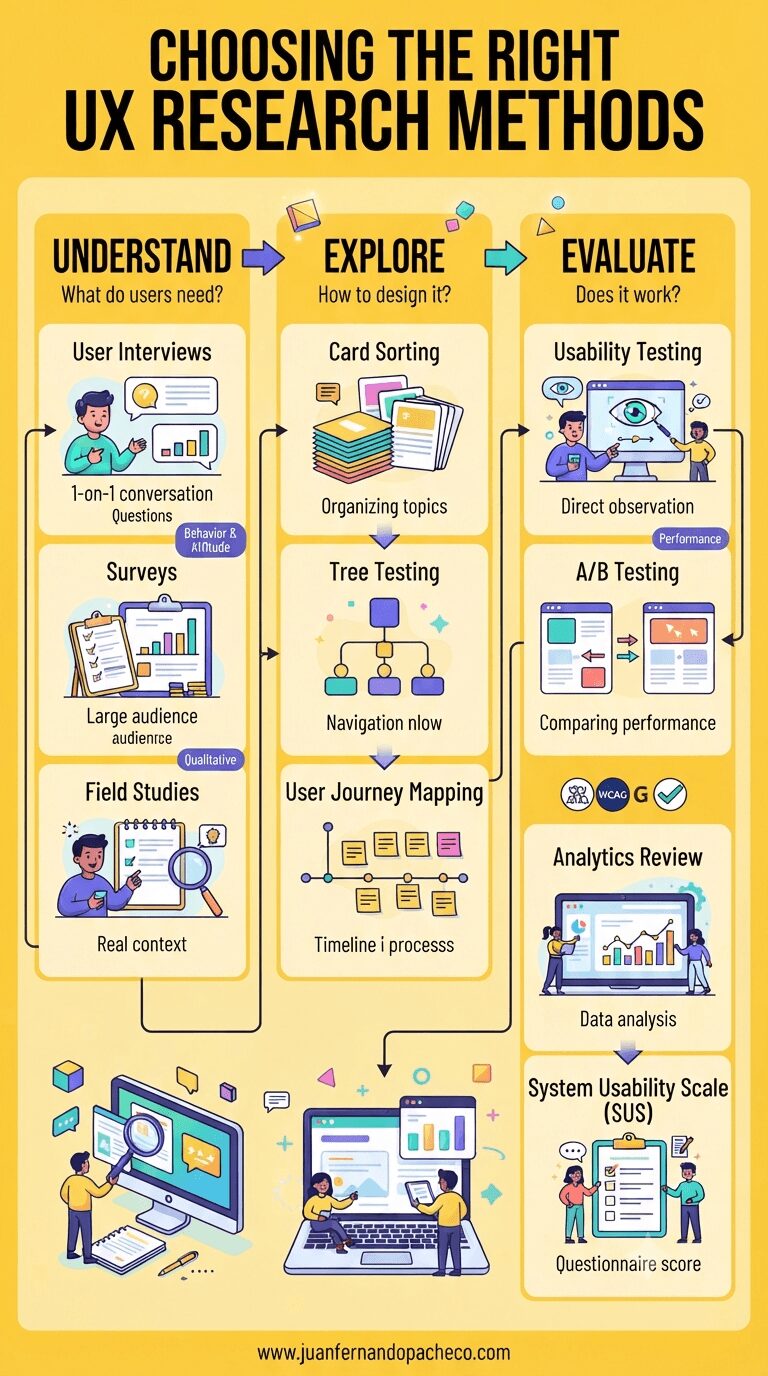 An infographic illustrating UX research methods, phases (Understand, Explore, Evaluate), and core dimensions, featuring a vibrant #ffca3a background and references to www.juanfernandopacheco.com.