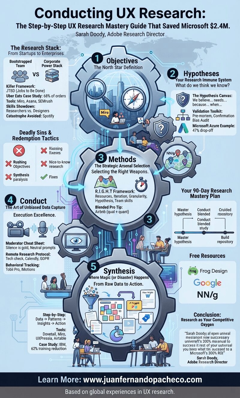 An intricate infographic with a blue and grey color scheme illustrating a five-step UX research process as a interconnected series of cogs. The title is "Conducting UX Research: The Step-by-Step UX Research Mastery Guide That Saved Microsoft $2.4M." Each cog represents a phase: 1. Objectives, 2. Hypotheses, 3. Methods, 4. Conduct, and 5. Synthesis. Detailed text within and around the cogs breaks down key frameworks (JTBD, R.I.G.H.T.), tools (Miro, Asana, Dovetail, etc.), case studies (Uber Eats, Spotify, Microsoft Azure, IBM), and skills. Additional sections include "The Research Stack," "Deadly Sins & Redemption Tactics," "Your 90-Day Research Mastery Plan," and "Free Resources." The footer displays "Learn More: www.juanfernandopacheco.com" and "Based on global experiences in UX research."