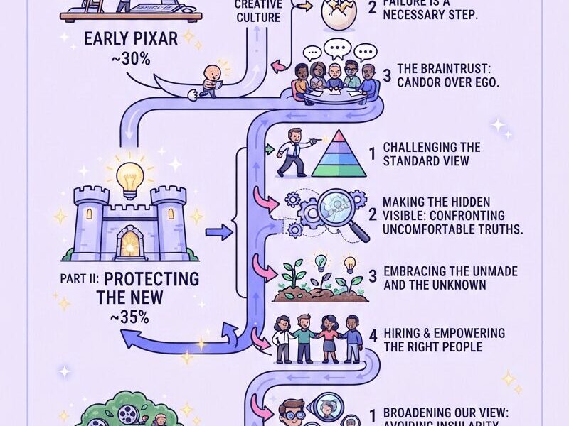 A vertical infographic titled "CREATIVITY, INC." summarizing principles for fostering a creative culture. It is organized into three parts following an upward-spiraling path: "Part I: Getting Started (~30%)" with icons for Early Pixar, The Leash & The Ball, Failure, and The Braintrust; "Part II: Protecting The New (~35%)" with icons for Challenging the Standard View, Making the Hidden Visible, Embracing the Unknown, and Hiring the Right People; and "Part III: Sustaining (~30%)" with icons for Broadening View, Elevator & Catacombs, and Imagining the Unknown. The background is light lavender with decorative borders.