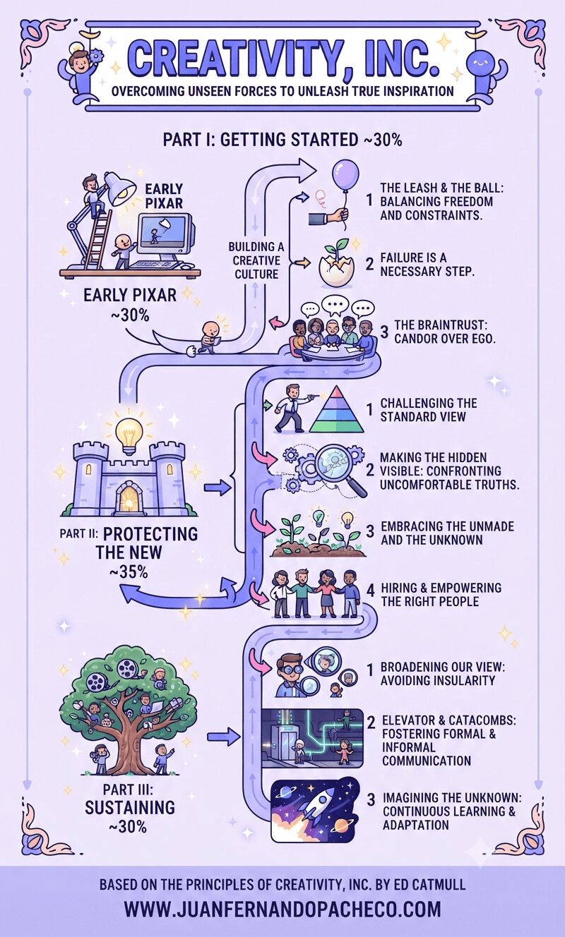A vertical infographic titled "CREATIVITY, INC." summarizing principles for fostering a creative culture. It is organized into three parts following an upward-spiraling path: "Part I: Getting Started (~30%)" with icons for Early Pixar, The Leash & The Ball, Failure, and The Braintrust; "Part II: Protecting The New (~35%)" with icons for Challenging the Standard View, Making the Hidden Visible, Embracing the Unknown, and Hiring the Right People; and "Part III: Sustaining (~30%)" with icons for Broadening View, Elevator & Catacombs, and Imagining the Unknown. The background is light lavender with decorative borders.