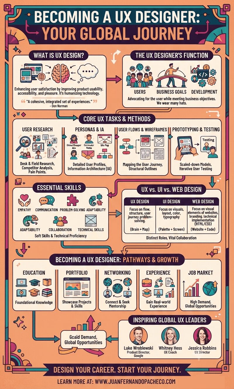 An intricate infographic titled "BECOMING A UX DESIGNER: YOUR GLOBAL JOURNEY" with a peach background. It outlines key UX concepts including definitions, the designer's function as a bridge between users and business, core methodologies (research, personas, flows, prototyping, testing), essential skills, comparisons to UI and web design, career paths (education, portfolio, networking), and features three inspiring leaders. Arrows connect the sections, and a footer directs to www.juanfernandopacheco.com.