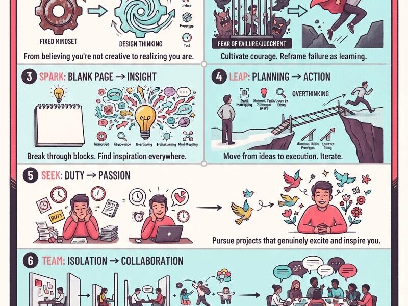 An infographic summarizing the book "Creative Confidence" by Tom and David Kelley. The image is structured in seven numbered steps, titled Flip, Dare, Spark, Leap, Seek, Team, and Move, illustrating processes from design thinking and overcoming fear to collaborative innovation and lifelong creative habits.