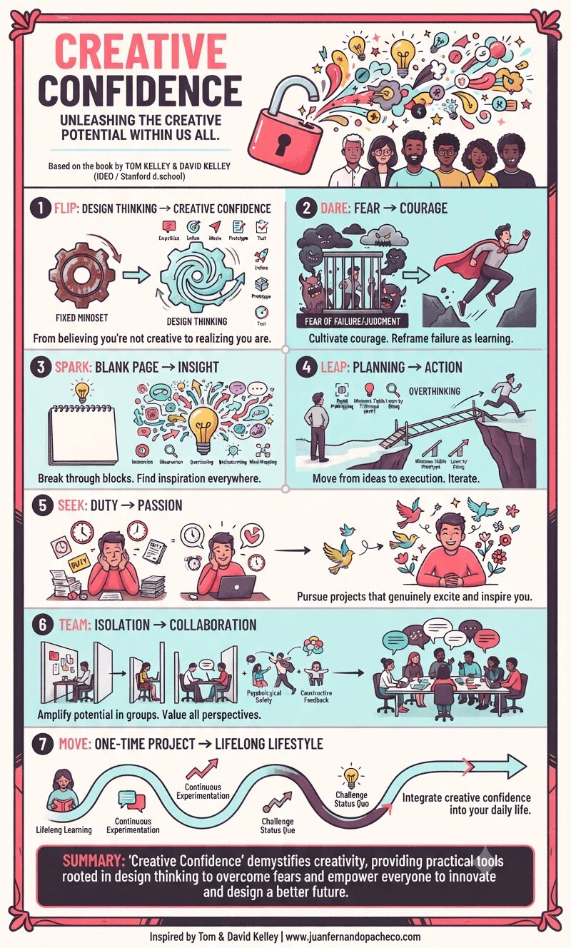 An infographic summarizing the book "Creative Confidence" by Tom and David Kelley. The image is structured in seven numbered steps, titled Flip, Dare, Spark, Leap, Seek, Team, and Move, illustrating processes from design thinking and overcoming fear to collaborative innovation and lifelong creative habits.