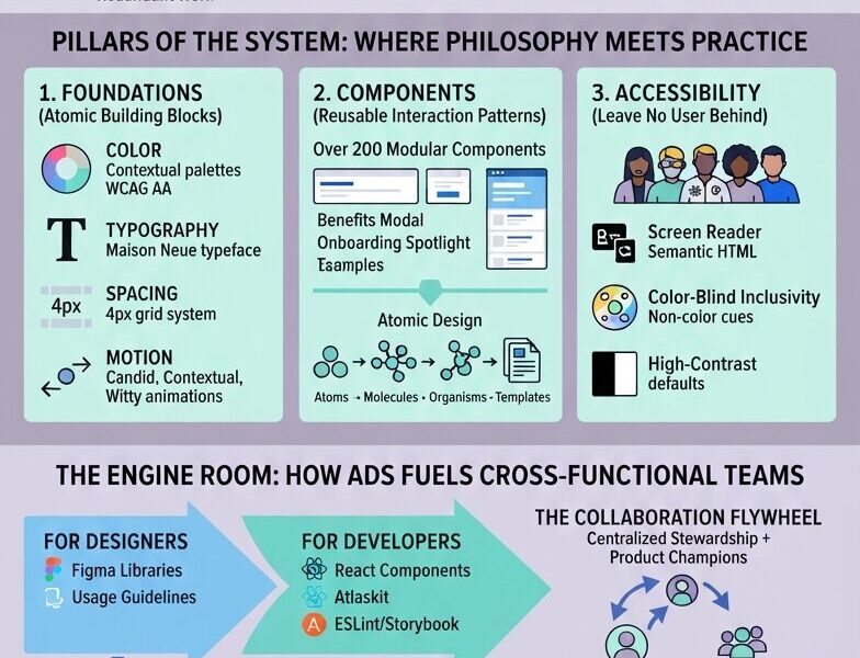 An infographic detailing the evolution and structure of the Atlassian Design System (ADS), featuring sections on its genesis from fragmentation, its three pillars (Foundations, Components, Accessibility), cross-functional team integration, and lessons for enterprise teams. The visual includes a lavender and teal color palette with charts, icons, and a timeline.