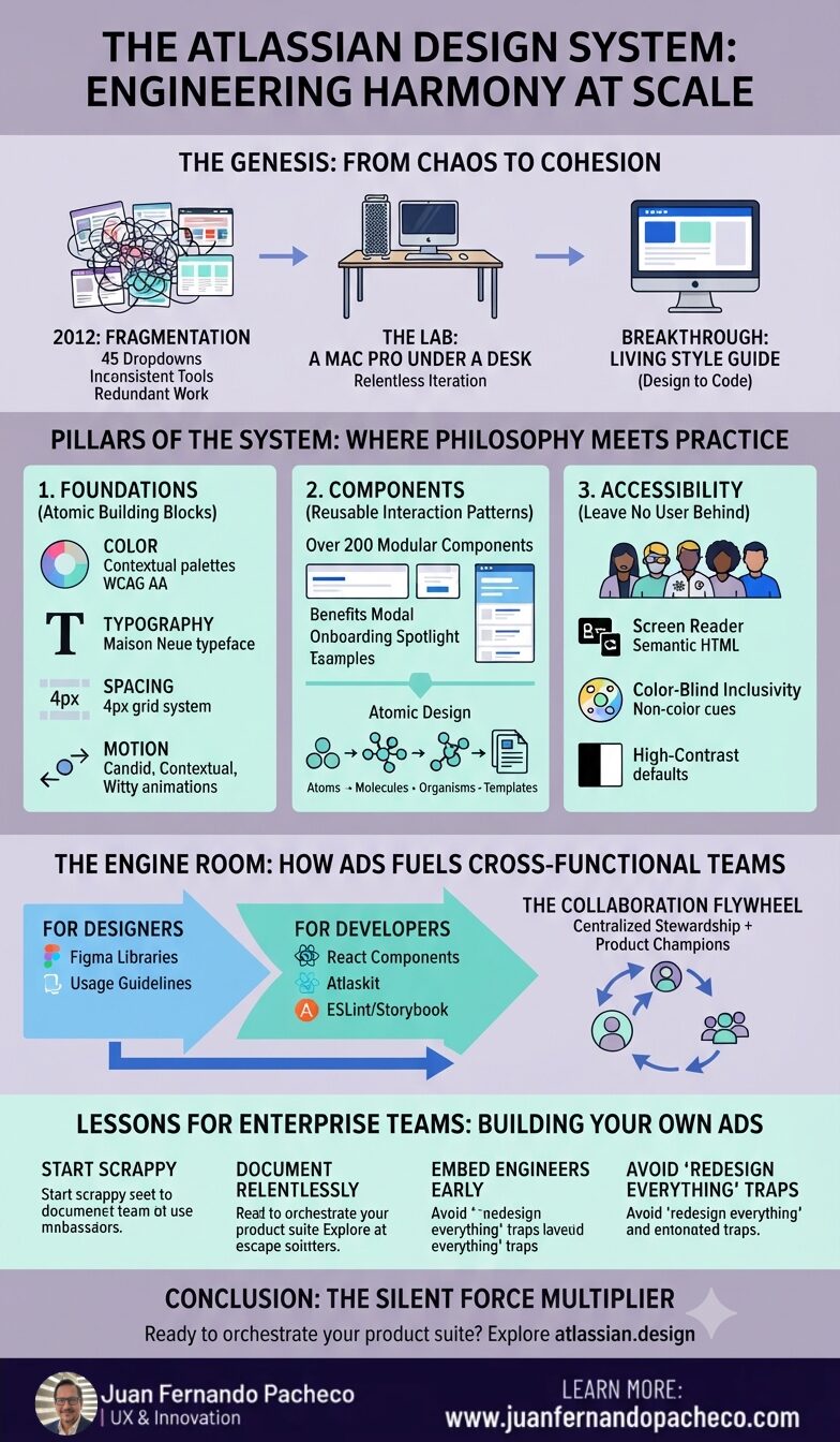 An infographic detailing the evolution and structure of the Atlassian Design System (ADS), featuring sections on its genesis from fragmentation, its three pillars (Foundations, Components, Accessibility), cross-functional team integration, and lessons for enterprise teams. The visual includes a lavender and teal color palette with charts, icons, and a timeline.