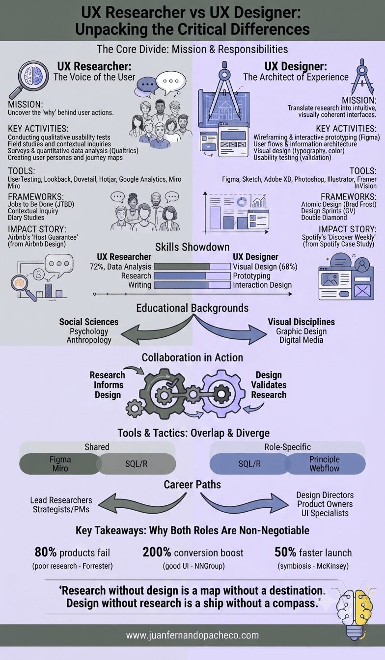 An infographic comparing UX Researchers and UX Designers, detailing their missions, key activities, tools, frameworks, skills showdown, educational backgrounds, collaboration, and career paths, styled in soft purple tones with references to www.juanfernandopacheco.com.