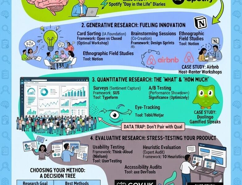 A comprehensive vertical infographic titled "A Disruptive UX Guide: What Are Various Types of User Research?" using a light blue background and an illustrative style. It breaks down the research process into five non-negotiable steps and details four main types—Qualitative, Generative, Quantitative, and Evaluative—with specific goals, methods, frameworks, tools, and case studies from companies like Spotify, Airbnb, and Duolingo. It also includes a decision tree, emerging trends, and key takeaways, ending with the URL www.juanfernandopacheco.com.