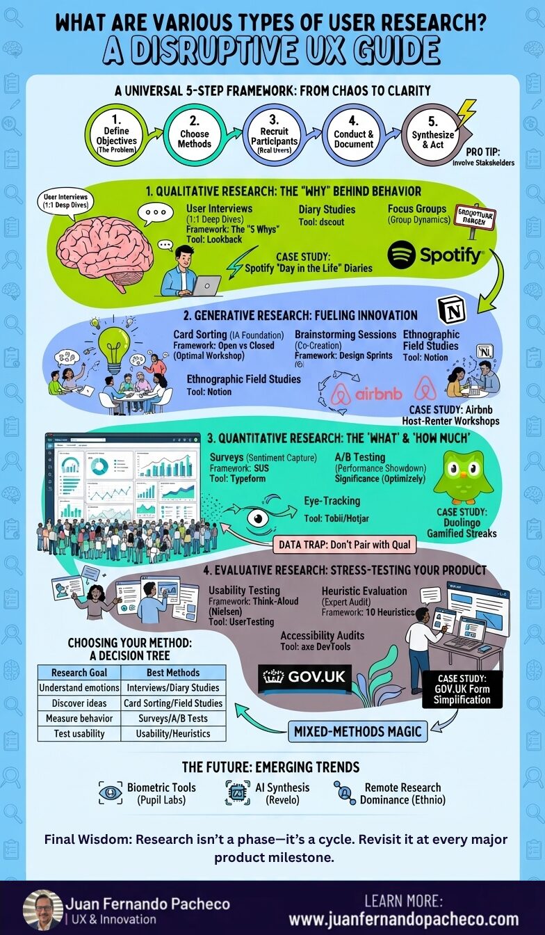 A comprehensive vertical infographic titled "A Disruptive UX Guide: What Are Various Types of User Research?" using a light blue background and an illustrative style. It breaks down the research process into five non-negotiable steps and details four main types—Qualitative, Generative, Quantitative, and Evaluative—with specific goals, methods, frameworks, tools, and case studies from companies like Spotify, Airbnb, and Duolingo. It also includes a decision tree, emerging trends, and key takeaways, ending with the URL www.juanfernandopacheco.com.