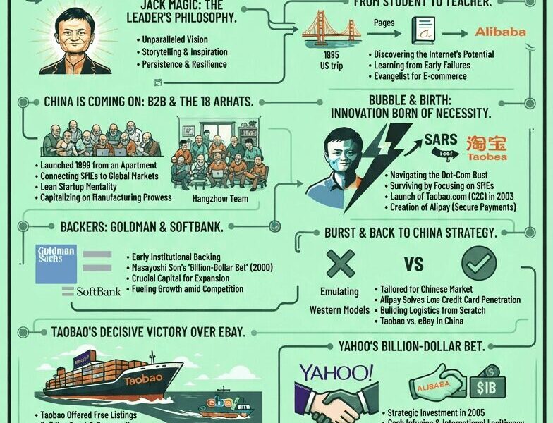 A vertical infographic titled "Alibaba: The House That Jack Ma Built," set against a light mint-green background with illustrations and text detailing the company's history, from Jack Ma's early life as a teacher to its global e-commerce dominance, including sections on Taobao, Alipay, the "Iron Triangle," and key investors like SoftBank and Yahoo, ending with a reflection on Ma's legacy.