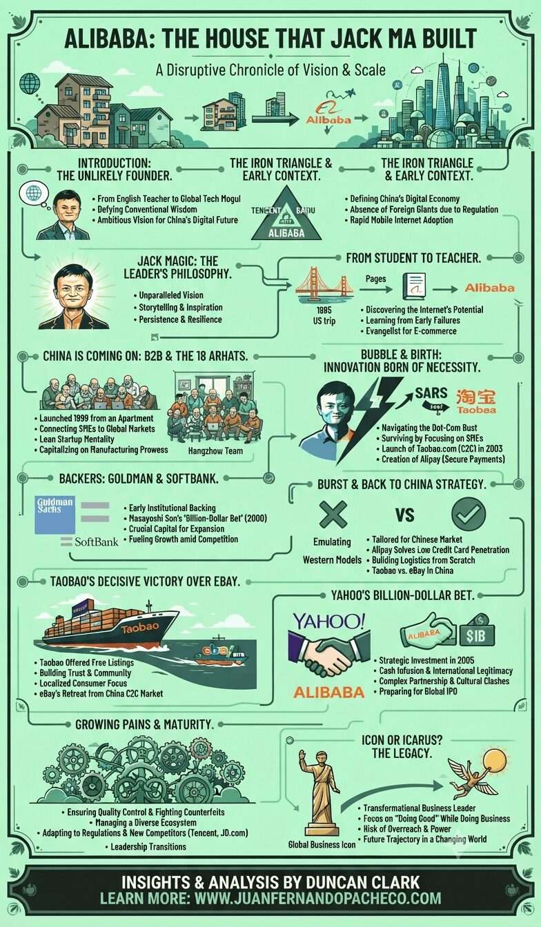 A vertical infographic titled "Alibaba: The House That Jack Ma Built," set against a light mint-green background with illustrations and text detailing the company's history, from Jack Ma's early life as a teacher to its global e-commerce dominance, including sections on Taobao, Alipay, the "Iron Triangle," and key investors like SoftBank and Yahoo, ending with a reflection on Ma's legacy.