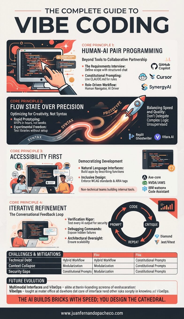 An infographic titled "THE COMPLETE GUIDE TO VIBE CODING," presenting a structured overview of AI-driven software development. The visual is divided into four main sections: "Human-AI Pair Programming," "Flow State Over Precision," "Accessibility First," and "Iterative Refinement." Each section uses diagrams, icons, and bullet points to explain core principles, practices, and lists relevant tools like GitHub Copilot and Replit. The bottom includes a challenges matrix and future predictions, with the quote, "THE AI BUILDS BRICKS WITH SPEED; YOU DESIGN THE CATHEDRAL." The background is light beige with accents of deep red and dark charcoal.
