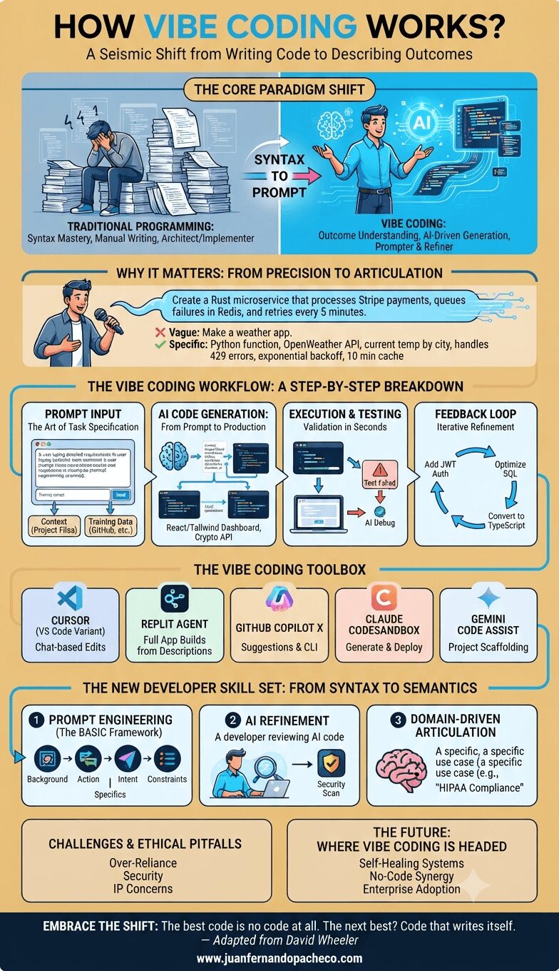 An infographic titled "HOW VIBE CODING WORKS?" with the subtitle "A Seismic Shift from Writing Code to Describing Outcomes." The image is divided into distinct sections detailing the transition from traditional programming to prompt-driven development using AI. Key sections include "The Core Paradigm Shift," "Why It Matters: From Precision to Articulation," "The Vibe Coding Workflow: A Step-by-Step Breakdown," "The Vibe Coding Toolbox" (featuring tools like Cursor, Replit, Copilot, Claude, Gemini), "The New Developer Skill Set," and "The Future." The infographic uses a blue and beige color scheme and concludes with a quote by David Wheeler and the URL www.juanfernandopacheco.com.