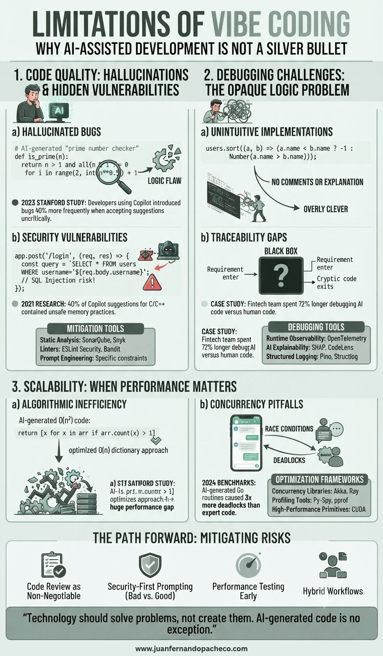 An infographic titled "Limitations of Vibe Coding," presented in a vertical format with three main sections: Code Quality, Debugging Challenges, and Scalability. Each section details AI-assisted development risks using text, code snippets, data points from studies (Stanford, 2023; Fintech team, 2024), and tool recommendations (Snyk, OpenTelemetry, Akka). The bottom section outlines mitigation strategies and includes the quote: "Technology should solve problems, not create them. AI-generated code is no exception." and the URL www.juanfernandopacheco.com.