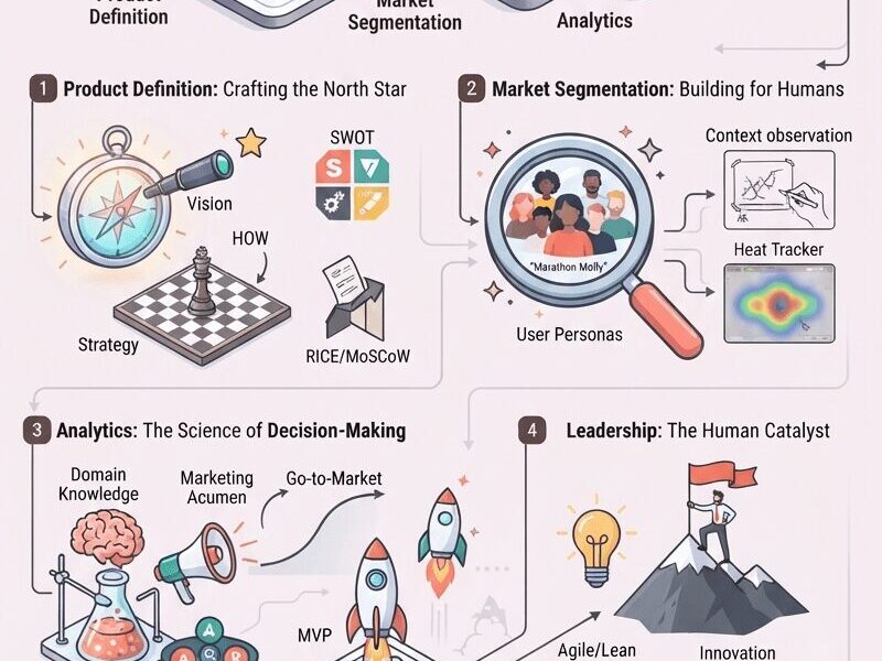 An intricate infographic titled "THE PRODUCT OWNER: Mastering the Art of Guiding Products to Success" is displayed. It uses an isometric city map metaphor to connect four main pillars: (1) Product Definition (Vision telescope, Strategy chessboard, RICE/MoSCoW), (2) Market Segmentation (Magnifying glass over "Marathon Molly" persona, Heat tracker), (3) Analytics (Lab brain beaker, Megaphone, Rocket MVP, Business Model Canvas), and (4) Leadership (Agile/Lean, Mountain flag Innovation, Heart/Magnifying Glass/Flame for values). The conclusion defines the "T-Shaped Product Owner." The background is a light #f5edf0, and the design elements use blues, reds, and yellows. The URL "www.jfernandopacheco.com" is at the top and bottom.
