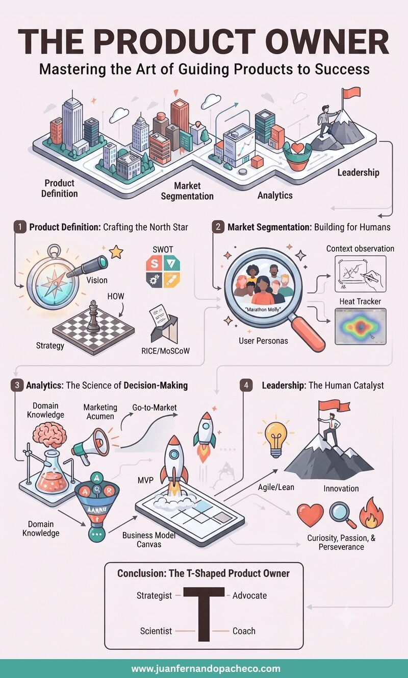 An intricate infographic titled "THE PRODUCT OWNER: Mastering the Art of Guiding Products to Success" is displayed. It uses an isometric city map metaphor to connect four main pillars: (1) Product Definition (Vision telescope, Strategy chessboard, RICE/MoSCoW), (2) Market Segmentation (Magnifying glass over "Marathon Molly" persona, Heat tracker), (3) Analytics (Lab brain beaker, Megaphone, Rocket MVP, Business Model Canvas), and (4) Leadership (Agile/Lean, Mountain flag Innovation, Heart/Magnifying Glass/Flame for values). The conclusion defines the "T-Shaped Product Owner." The background is a light #f5edf0, and the design elements use blues, reds, and yellows. The URL "www.jfernandopacheco.com" is at the top and bottom.