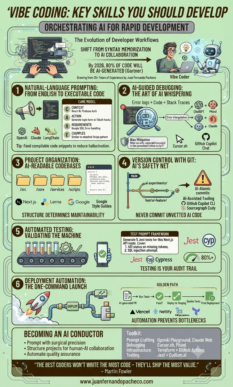 An infographic titled 'Vibe Coding: Key Skills You Should Develop' illustrating a six-step methodology for modern AI-assisted software development against a light green background. It depicts the shift from manual syntax to AI collaboration, featuring sections on Natural-Language Prompting (CARE model), AI-Guided Debugging, Project Organization, Version Control with Git, Automated Testing, and Deployment Automation, concluding with a toolkit and a quote by Martin Fowler.