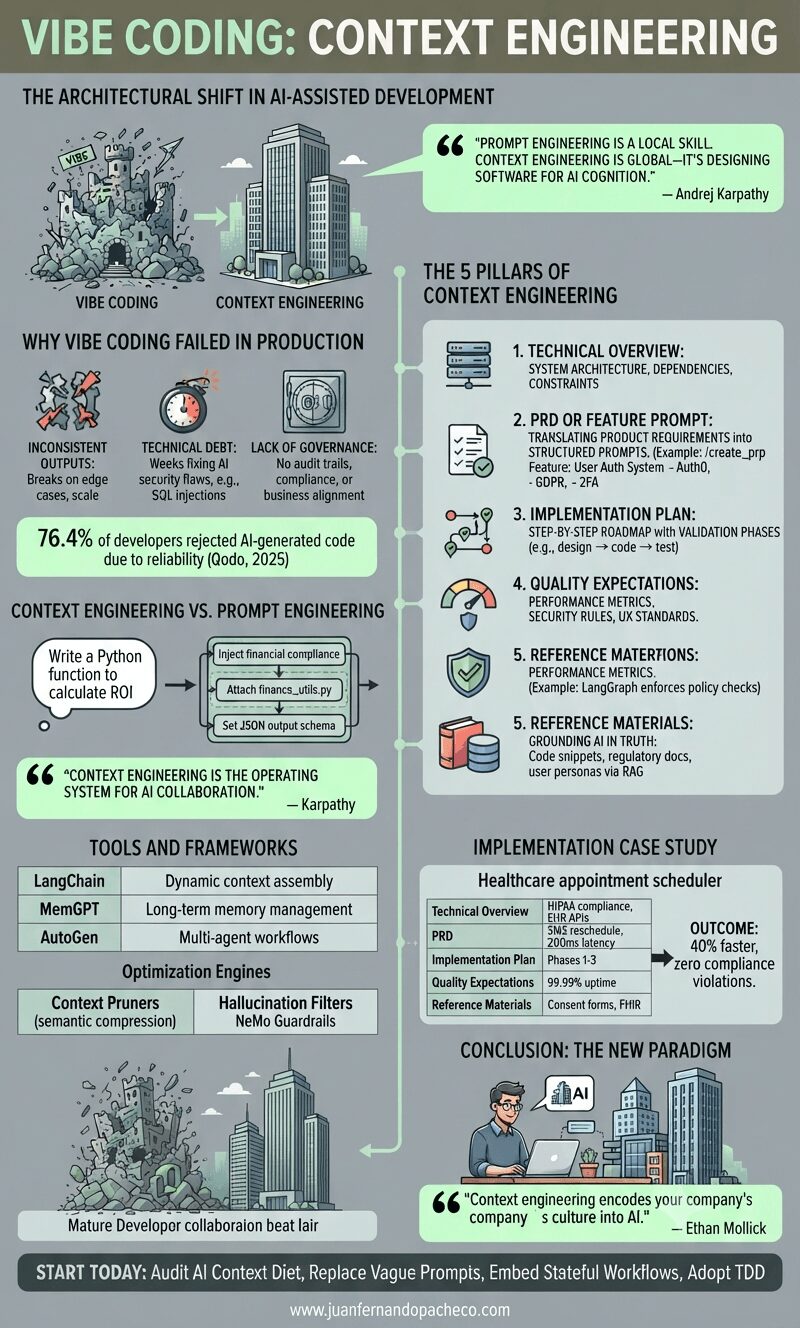 An infographic titled "Vibe Coding: Context Engineering," illustrating the shift from unstructured AI coding to a structured, engineering-based approach. It details the failings of "vibe coding," outlines the "5 Pillars of Context Engineering," compares context versus prompt engineering, lists relevant tools, and presents a healthcare case study before concluding with best practices and a website URL.