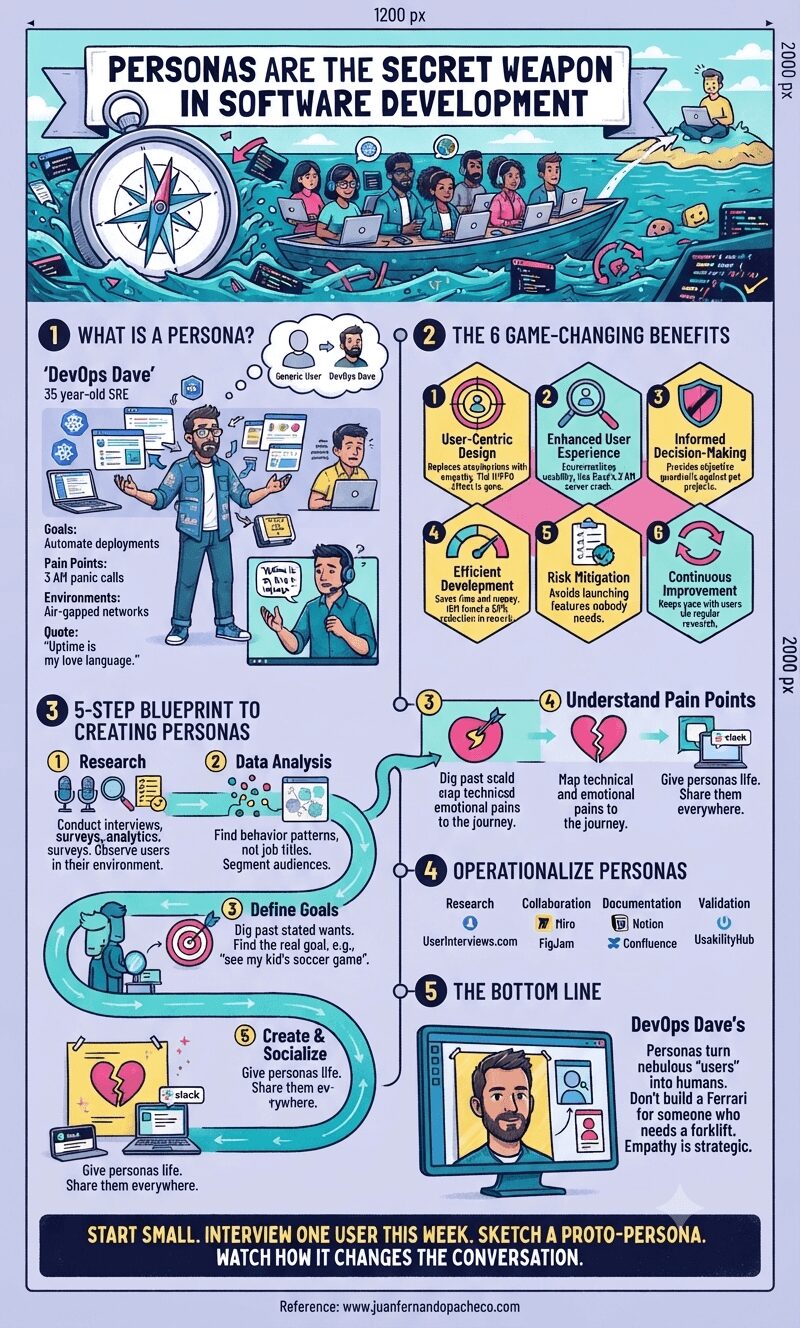 A detailed, hand-drawn infographic in a light purple and teal color palette. At the top, a compass leads a team of developers in a boat towards a digital user island. Below, the graphic is divided into five main sections. Section 1 defines "What Is a Persona?" with a character profile of 'DevOps Dave'. Section 2 lists "The 6 Game-Changing Benefits" in hexagonal panels. Section 3 outlines a "5-Step Blueprint to Creating Personas" via a winding path. Section 4 details "Operationalize Personas" with tools and frameworks. Section 5, "The Bottom Line," concludes that personas build empathy. The footer contains a CTA and the URL "www.juanfernandopacheco.com".