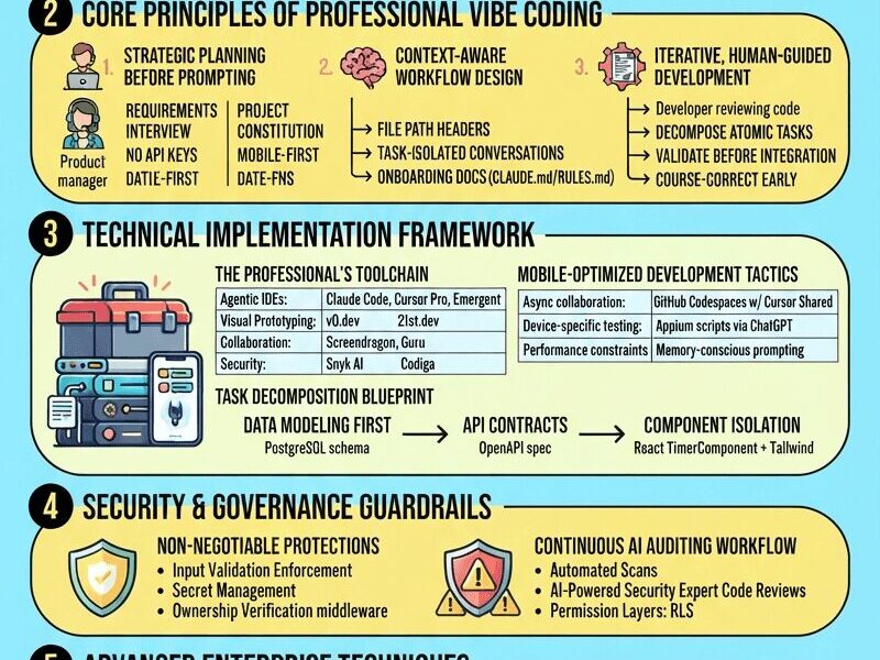 An infographic titled 'Maximizing Success with Vibe Coding' presenting a five-step blueprint for AI-driven software development, covering the paradigm shift, core principles, toolchains, security guardrails, and advanced techniques, complete with illustrative icons and a URL footer.