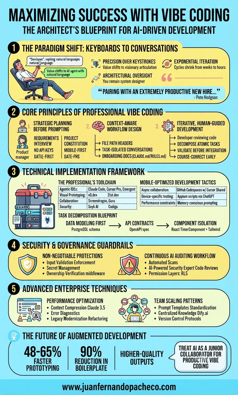 An infographic titled 'Maximizing Success with Vibe Coding' presenting a five-step blueprint for AI-driven software development, covering the paradigm shift, core principles, toolchains, security guardrails, and advanced techniques, complete with illustrative icons and a URL footer.