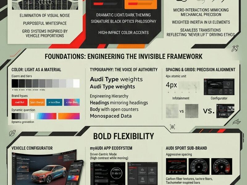 An intricate vertical infographic detailing "The Audi Design System," organized into sections including "The DNA of Progressive Premium" (Clarity, Boldness, Fluidity), "Foundations" (Color, Typography, Spacing), "Bold Flexibility" (Configurator, App, Sport), "The Vorsprung Advantage," and "The Road Ahead," featuring Audi vehicle renders, UI mockups, and a color palette of olive green, black, white, red, and orange.
