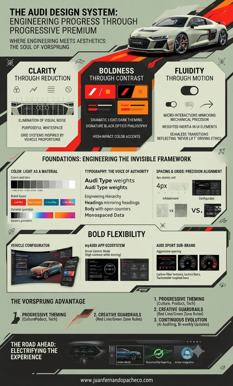 An intricate vertical infographic detailing "The Audi Design System," organized into sections including "The DNA of Progressive Premium" (Clarity, Boldness, Fluidity), "Foundations" (Color, Typography, Spacing), "Bold Flexibility" (Configurator, App, Sport), "The Vorsprung Advantage," and "The Road Ahead," featuring Audi vehicle renders, UI mockups, and a color palette of olive green, black, white, red, and orange.