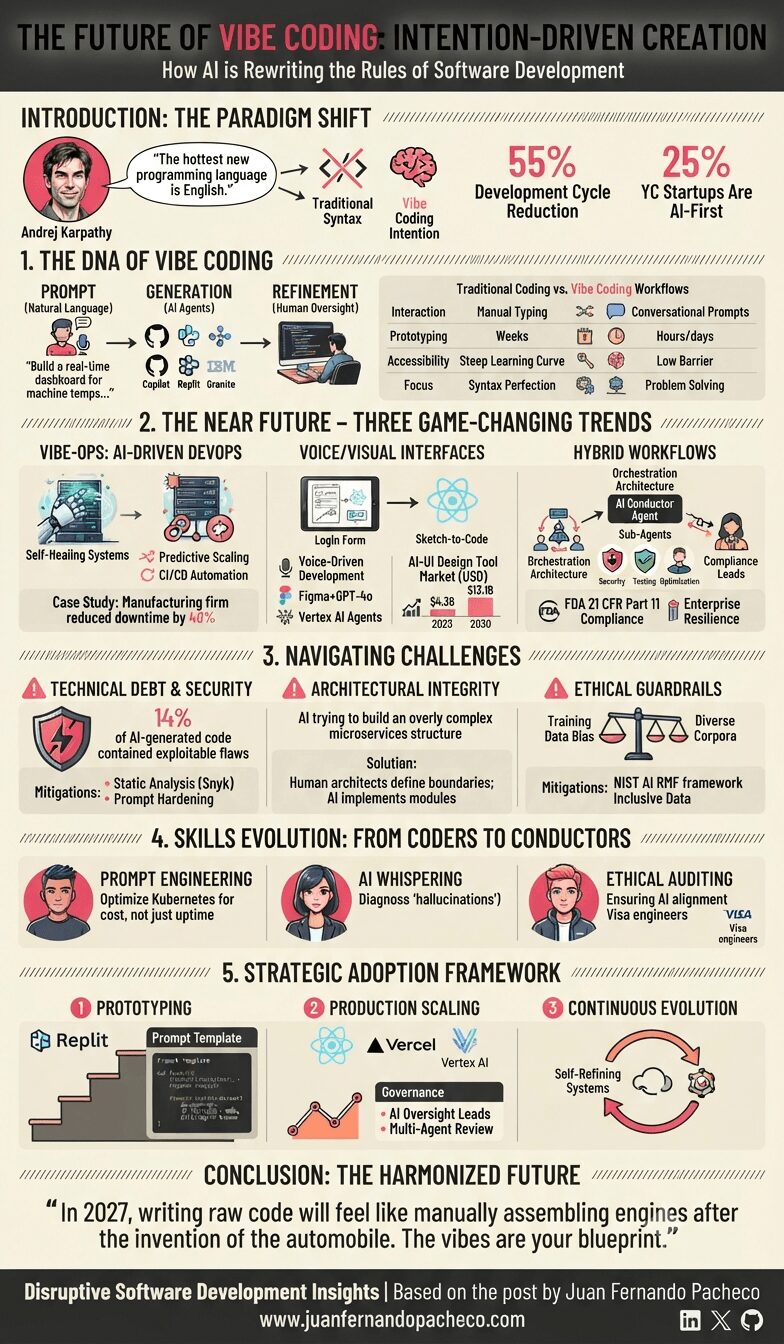 A detailed infographic titled "The Future of Vibe Coding: Intention-Driven Creation," exploring the shift from traditional syntax-based software development to AI-driven, natural-language programming. The graphic covers the paradigm shift led by Andrej Karpathy’s vision, the DNA of vibe coding workflows, three future trends (VibeOps, Voice/Visual Interfaces, Hybrid Workflows), key challenges and skills evolution, a strategic adoption framework, and a concluding quote predicting a future where raw manual coding is obsolete. It includes data, tool logos, and illustrations across five structured sections on a light beige background, referencing www.juanfernandopacheco.com.