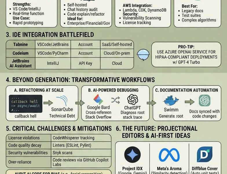 A detailed infographic titled "The Power of AI-Assisted Coding: Revolutionizing Software Development" using a green and orange color palette. The image is structured in seven sections: 1. How AI Coding Assistants Work (Beyond Syntax Prediction), 2. Tool Deep Dive (GitHub Copilot, Codeium, AWS CodeWhisperer, ChatGPT), 3. IDE Integration Battlefield, 4. Beyond Generation (Refactoring, Debugging, Documentation), 5. Critical Challenges & Mitigations, 6. The Future (AI-First IDEs), and 7. Strategic Adoption Roadmap. It includes a quote from Harvard Business Review and final recommendations for different team types, ending with the URL WWW.JUANFERNANDOPACHECO.COM.