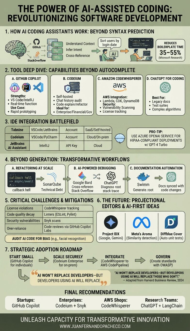 A detailed infographic titled "The Power of AI-Assisted Coding: Revolutionizing Software Development" using a green and orange color palette. The image is structured in seven sections: 1. How AI Coding Assistants Work (Beyond Syntax Prediction), 2. Tool Deep Dive (GitHub Copilot, Codeium, AWS CodeWhisperer, ChatGPT), 3. IDE Integration Battlefield, 4. Beyond Generation (Refactoring, Debugging, Documentation), 5. Critical Challenges & Mitigations, 6. The Future (AI-First IDEs), and 7. Strategic Adoption Roadmap. It includes a quote from Harvard Business Review and final recommendations for different team types, ending with the URL WWW.JUANFERNANDOPACHECO.COM.