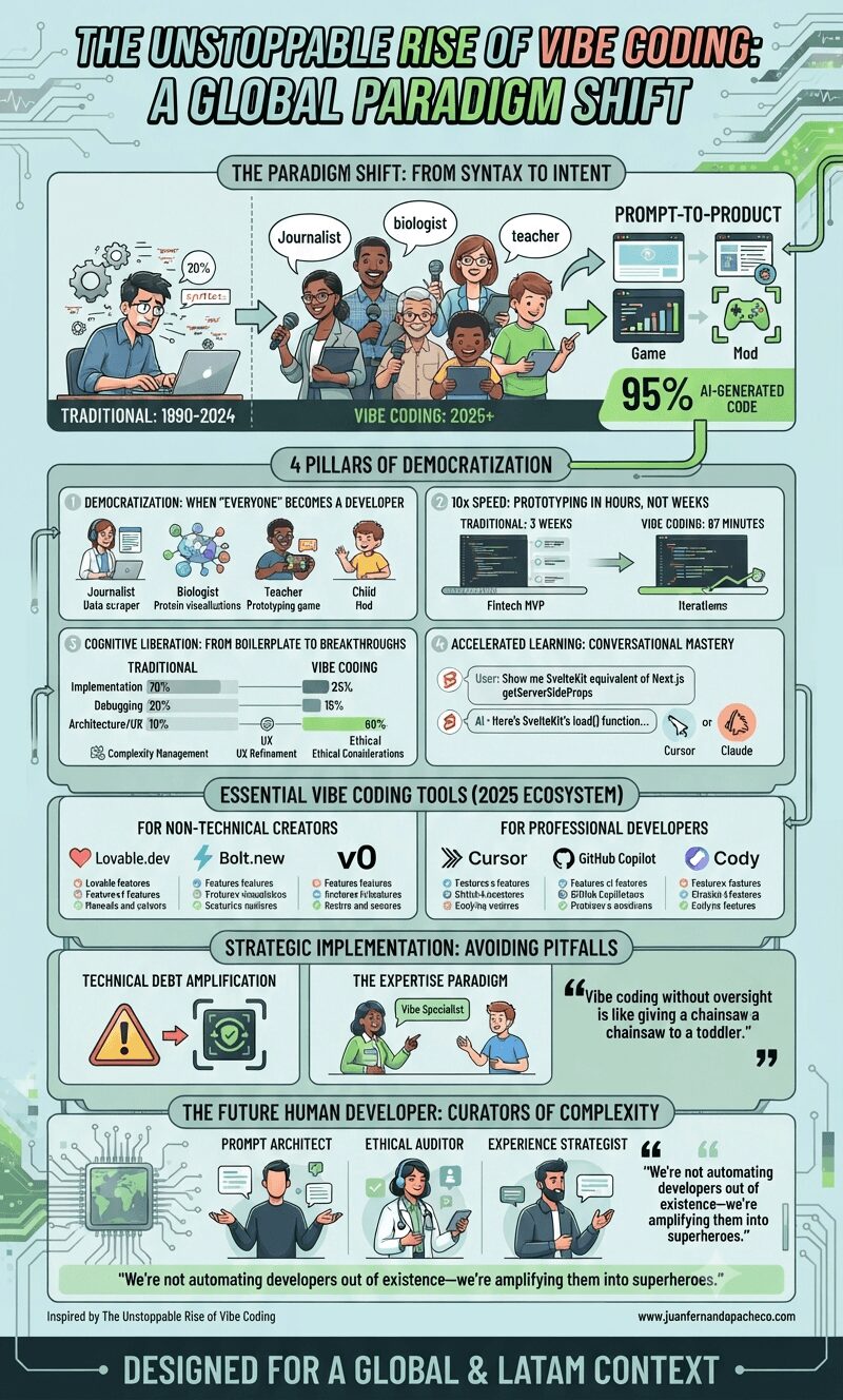An infographic titled "The Unstoppable Rise of Vibe Coding" illustrating the shift from traditional syntax-based programming to AI-driven development across four main pillars: Democratization, 10x Speed, Cognitive Liberation, and Accelerated Learning. The graphic features diagrams, statistics, tool ecosystems, and quotes from industry leaders, concluding with the evolution of the human developer role into "Curators of Complexity" for a global context.
