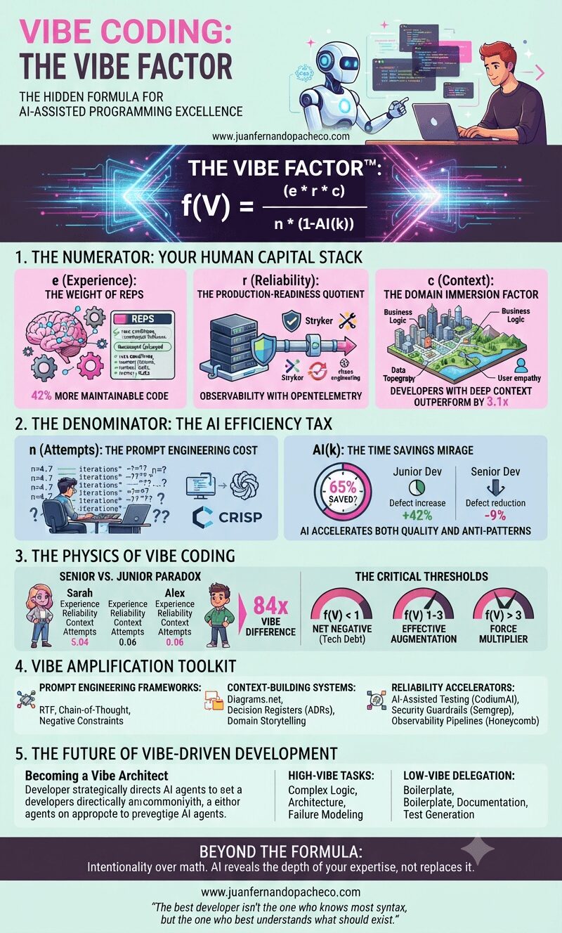 An infographic titled "Vibe Coding: The Vibe Factor" illustrating a formula for AI-assisted programming excellence, breaking down human capital (Experience, Reliability, Context) versus AI efficiency taxes (Attempts, AI(k)). The image includes a case study comparing senior and junior developers, a toolkit for vibe amplification, and a final section on becoming a Vibe Architect, all set against a light green background with pink and purple graphical elements.