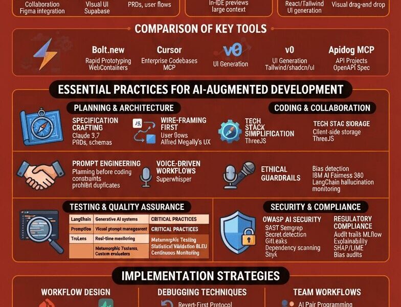 A comprehensive vertical infographic titled "Vibe Coding Tools and Best Practices" set against a dark reddish-brown background with sections detailing AI development ecosystems, tool comparisons, architectural practices, testing, security, and implementation strategies, concluding with a quote by Sandra Parker and the website WWW.JUANFERNANDOPACHECO.COM.