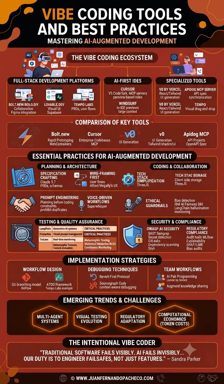 A comprehensive vertical infographic titled "Vibe Coding Tools and Best Practices" set against a dark reddish-brown background with sections detailing AI development ecosystems, tool comparisons, architectural practices, testing, security, and implementation strategies, concluding with a quote by Sandra Parker and the website WWW.JUANFERNANDOPACHECO.COM.