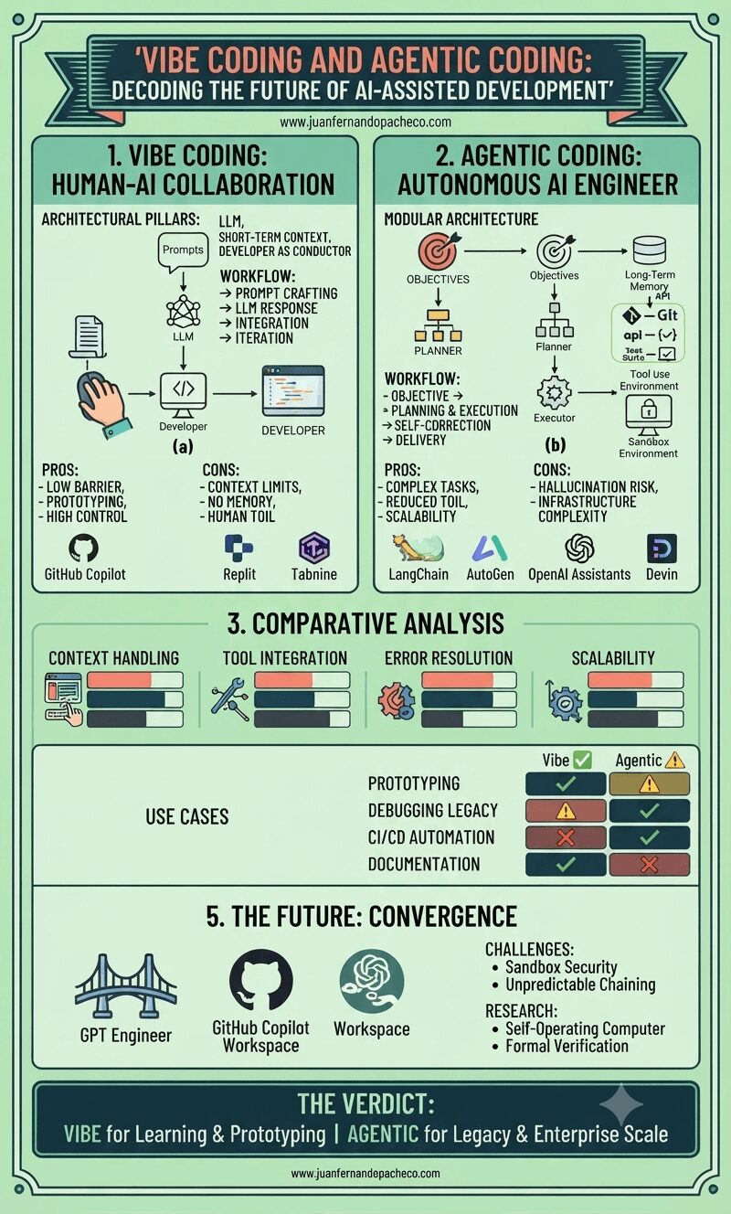 An infographic titled 'Vibe Coding and Agentic Coding' comparing two paradigms of AI-assisted software development across architecture, workflows, pros/cons, tools, and future convergence. The graphic includes detailed diagrams, a comparative analysis, use-case matrices, and logos for tools like GitHub Copilot, LangChain, and Devin.