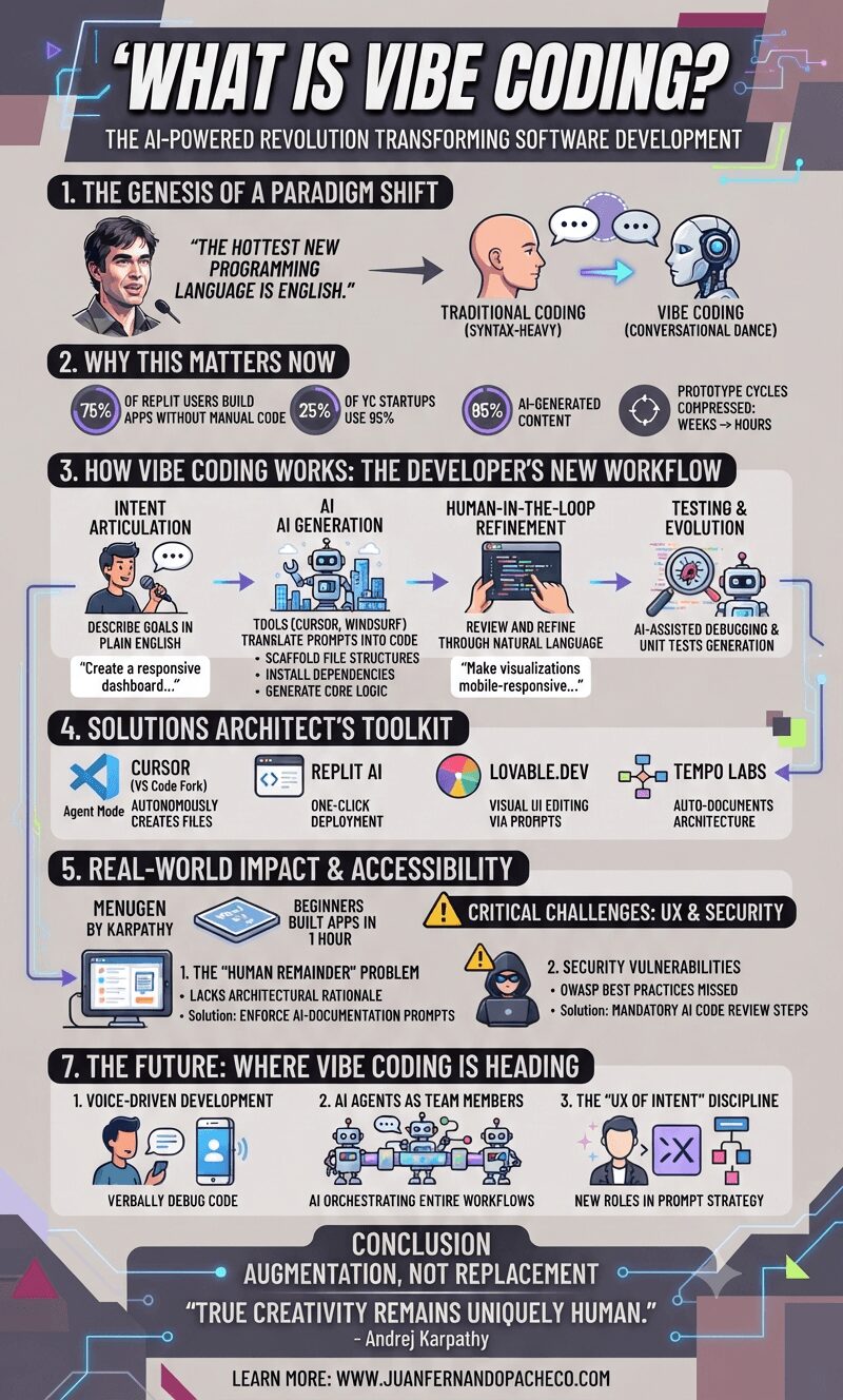 An infographic titled 'WHAT IS VIBE CODING?' detailing a paradigm shift where natural language replaces traditional code syntax. It illustrates the four-phase workflow (Intent Articulation, AI Generation, Human-in-the-Loop Refinement, Testing), highlights key statistics (e.g., 75% of Replit users build apps without manual code), lists essential tools (Cursor, Replit AI, Lovable.dev, Tempo Labs), and outlines future trends like voice-driven development and AI agents, concluding with the tagline 'Augmentation, Not Replacement.'
