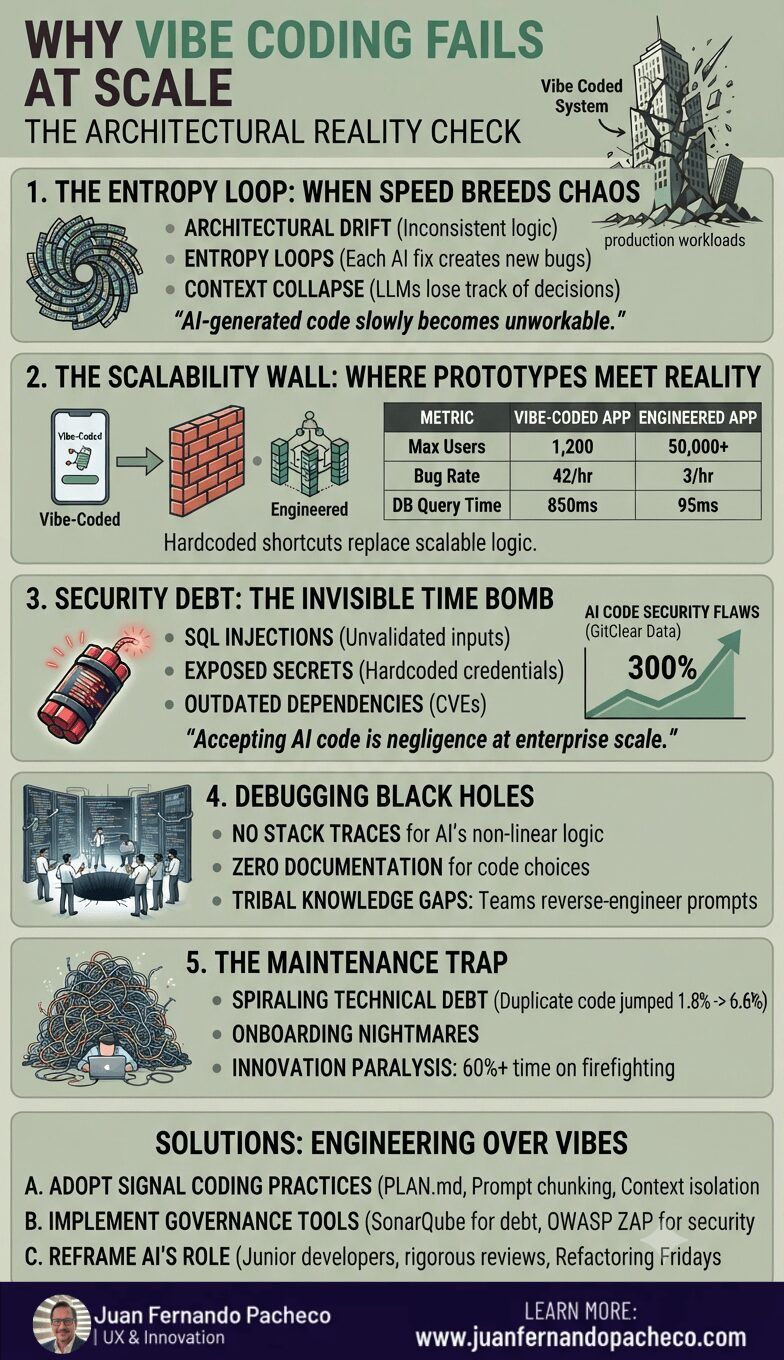 An infographic illustrating the failure of AI-driven 'vibe coding' in enterprise environments, broken down into five key challenges: the entropy loop, scalability wall, security debt, debugging black holes, and the maintenance trap. The graphic contrasts vibe coding with professional engineering, provides data metrics, and concludes with solutions centered on human oversight and governance.