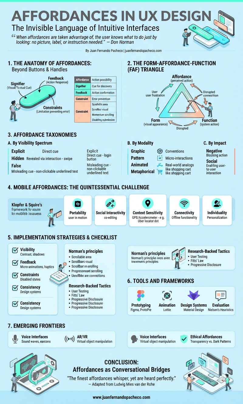 A long vertical infographic titled "Affordances in UX Design" detailing the principles, anatomy, and taxonomies of user interface elements. It features a light blue background with seven sections covering topics like the Form-Affordance-Function triangle, mobile affordances, implementation strategies, and emerging frontiers like AI and spatial computing. The infographic includes diagrams, tables, and icons referencing various design frameworks and the website juanfernandopacheco.com.
